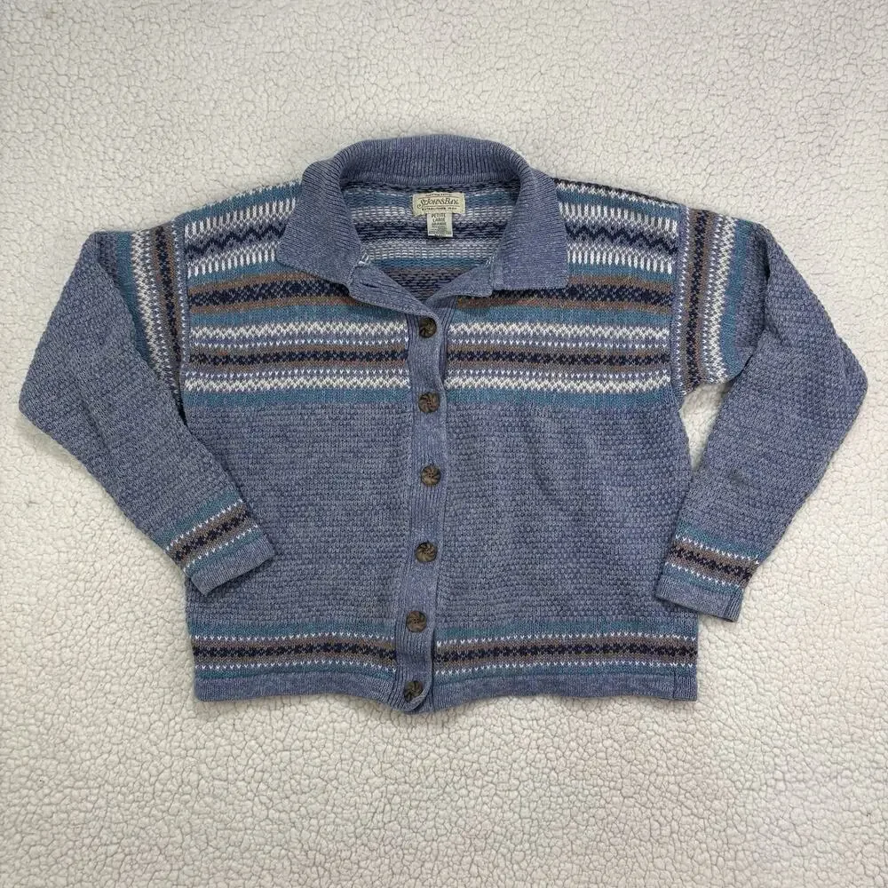 Vtg 90s St. Johns Bay Womens Petite Large Blue Fair Isle Nordic Sweater Cardigan